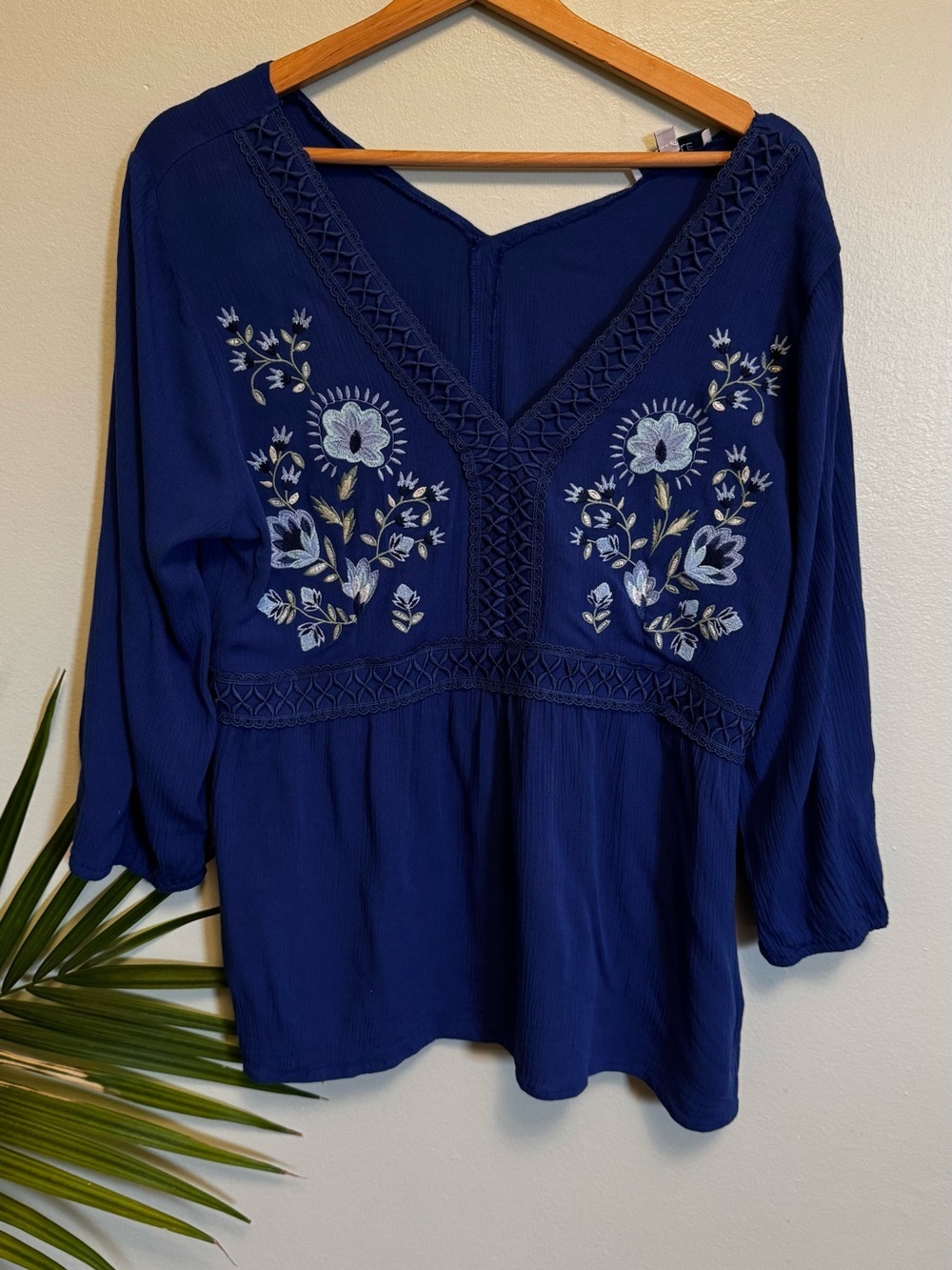 Embroidered V-Neck Tunic Top - Navy with Light Blue Floral